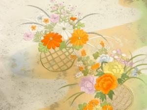 アンティーク　霞に花籠模様刺繍名古屋帯